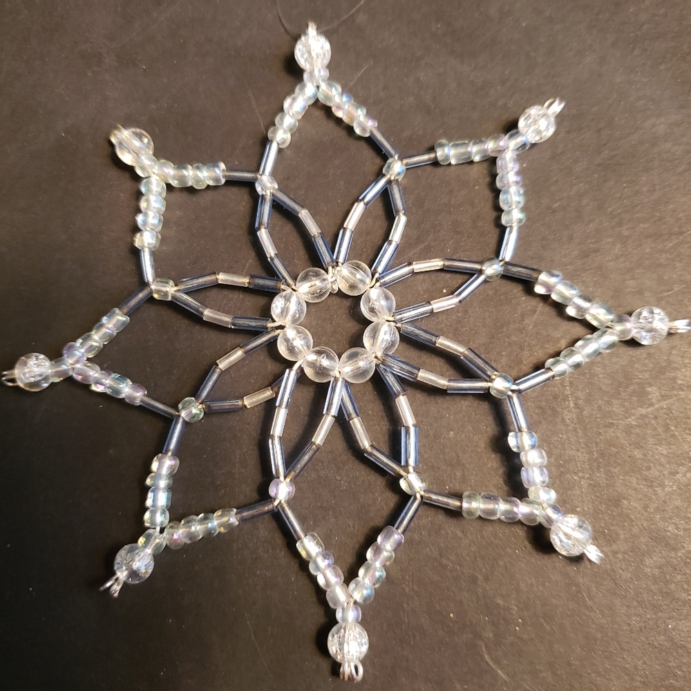 Hand Crafted Beaded Blue and Clear Snowflake Ornament